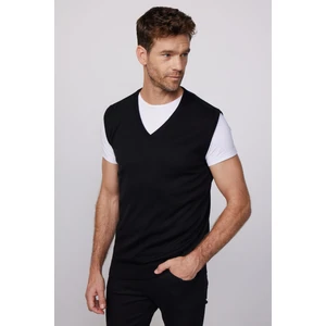 Slim Fit Dar Kesim V Yaka Kendinden Desenli Siyah Erkek Süveter