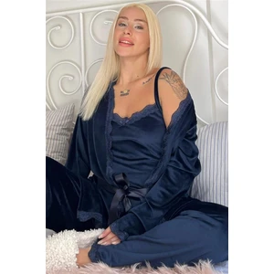 Pijama Evi Lacivert Navy Exclusive Kadife Sabahlıklı Kadın Pijama Takımı 