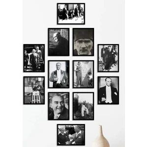 Wooden Factory Çerçevesiz Çerçeve Görünümlü Atatürk Fotoğrafları, 12 Parça Mdf Tablo Seti