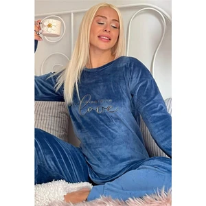 Pijama Evi Toz Mavi Love Desenli Exclusive Kadife Kadın Pijama Takımı 