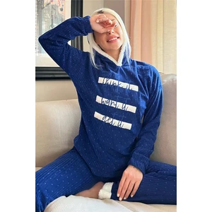 Pijama Evi Lacivert Three Line Desenli Kapşonlu Peluş Polar Pijama Takımı