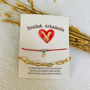 Şans Nazar Boncuklu Kırmızı Ip Bileklik & Gold Zincir Bileklik Set