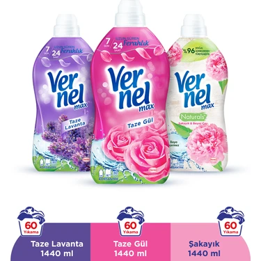 Vernel Max Taze Gül 1.44L & Vernel Max Taze Lavanta 1.44L & Vernel Max Naturals Şakayık ve Beyaz