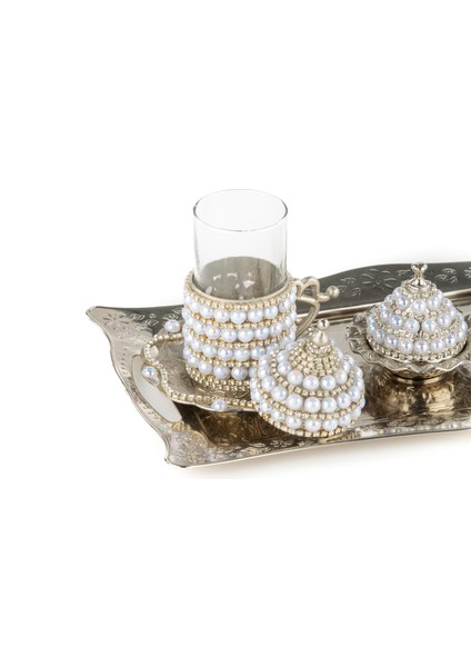 Cam Su Bardağı Kahve Yanı Seti İncili Lale Beyaz 2'li modelleri