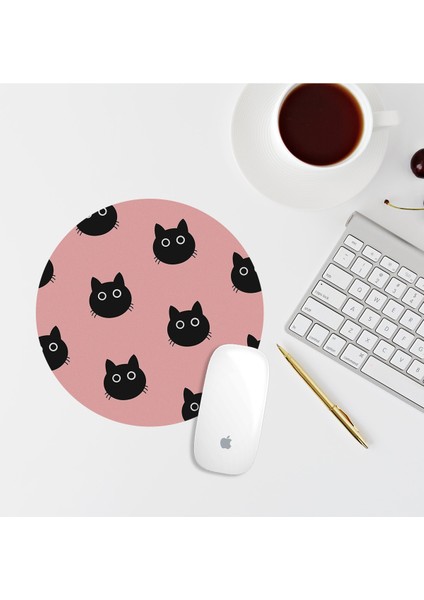 Pembe Siyah Kedili Yuvarlak Mouse Pad Mouse Altlığı