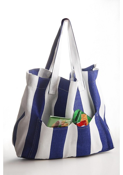 Kadın Kanvas 2 Cepli Günlük Renkli Plaj Omuz Çantası Mavi indirimleri