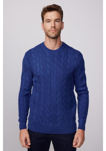 Slim Fit Bisiklet Yaka Desenli Lacivert Erkek Kazak