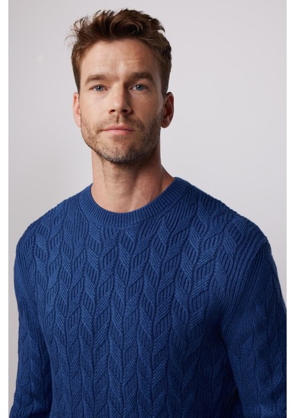 Slim Fit Bisiklet Yaka Desenli Lacivert Erkek Kazak modelleri