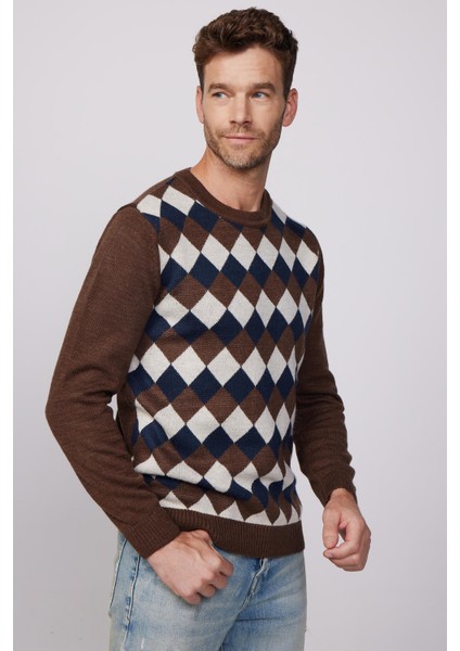 Slim Fit Bisiklet Yaka Önü Desenli Erkek Kazak fiyatları