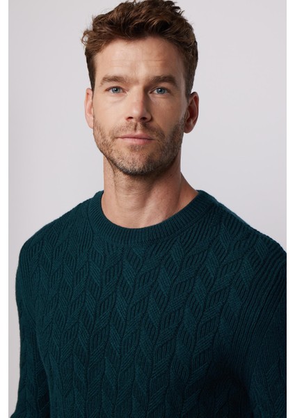 Slim Fit Bisiklet Yaka Desenli Yeşil Erkek Kazak