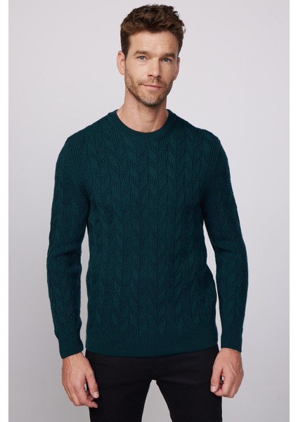 Slim Fit Bisiklet Yaka Desenli Yeşil Erkek Kazak modelleri