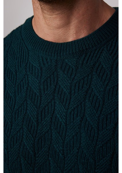 Slim Fit Bisiklet Yaka Desenli Yeşil Erkek Kazak fırsatları