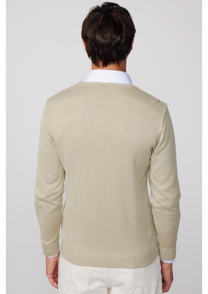 Slim Fit V Yaka Pamuklu Taş Rengi Erkek Kazak fırsatları