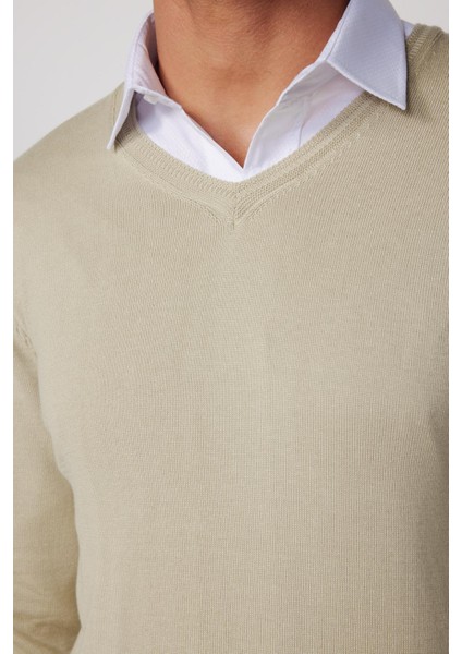 Slim Fit V Yaka Pamuklu Taş Rengi Erkek Kazak indirimleri