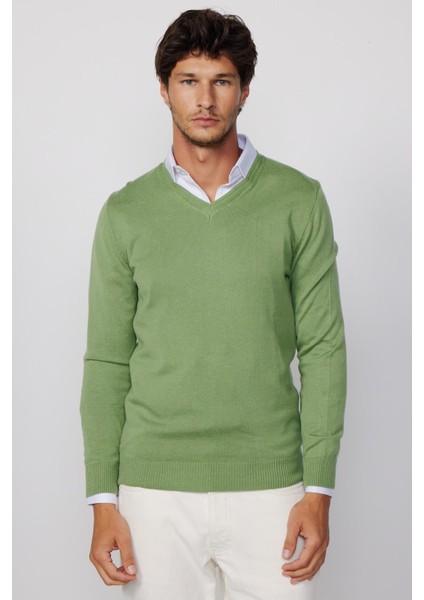 Slim Fit V Yaka Pamuklu Yeşil Erkek Kazak fiyatları
