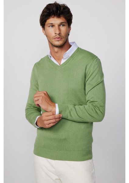 Slim Fit V Yaka Pamuklu Yeşil Erkek Kazak modelleri