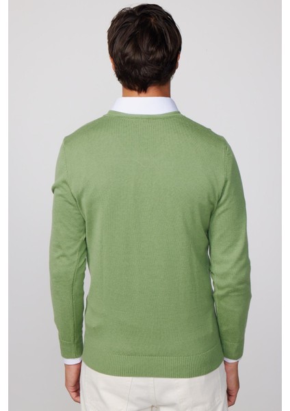 Slim Fit V Yaka Pamuklu Yeşil Erkek Kazak indirimleri
