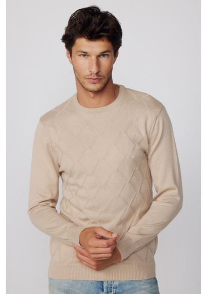 Slim Fit Bisiklet Yaka Desenli Taş Erkek Kazak fiyatları