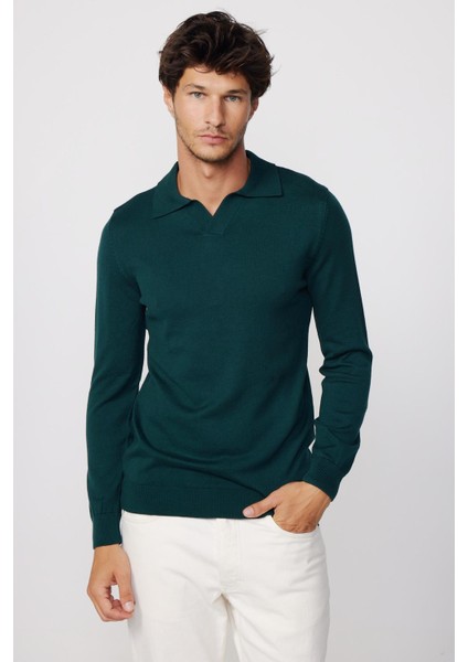 Slim Fit Dar Kesim Polo V Yaka Yeşil Erkek Kazak modelleri