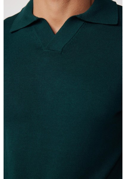 Slim Fit Dar Kesim Polo V Yaka Yeşil Erkek Kazak fırsatları