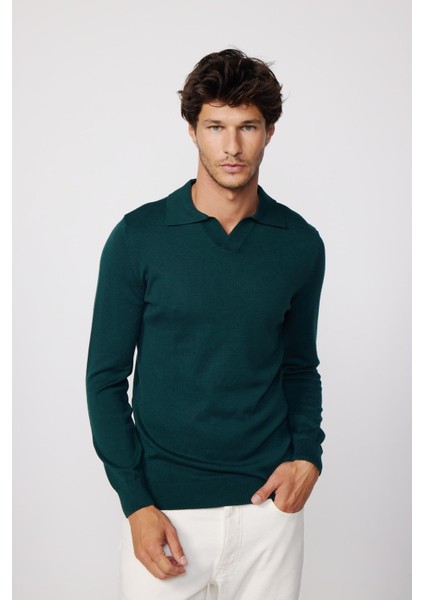 Slim Fit Dar Kesim Polo V Yaka Yeşil Erkek Kazak fiyatları