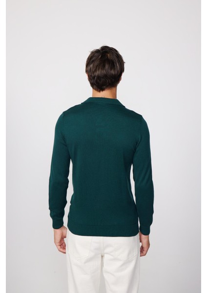 Slim Fit Dar Kesim Polo V Yaka Yeşil Erkek Kazak indirimleri