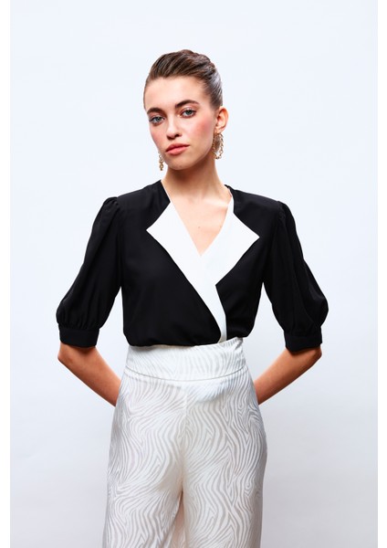 Ceket Yaka Bodysuit Bluz - Siyah
