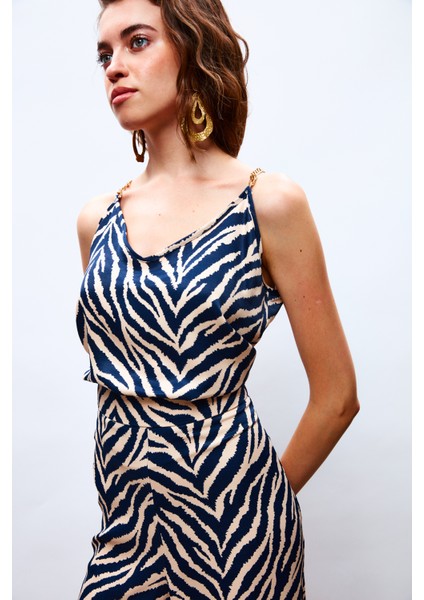 Desenli Saten Bluz - Lacivert