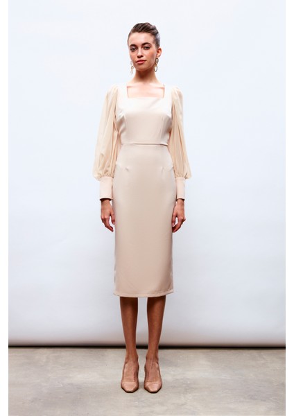 Şifon Kol Krep Elbise - Bej
