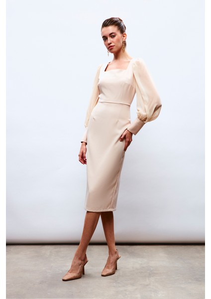 Şifon Kol Krep Elbise - Bej fiyatları