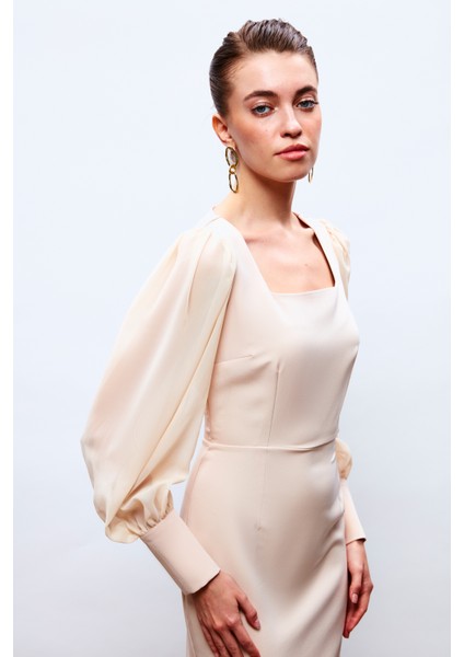 Şifon Kol Krep Elbise - Bej modelleri