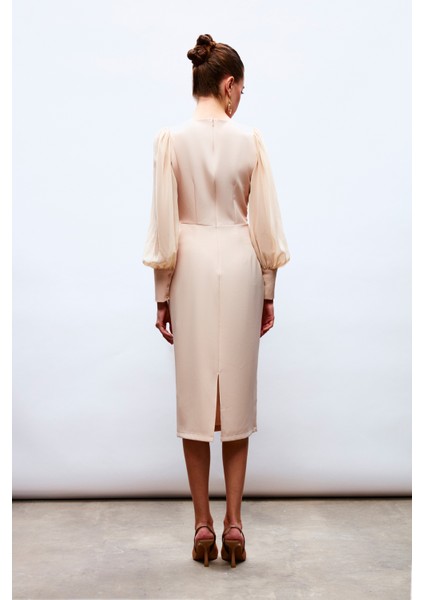 Şifon Kol Krep Elbise - Bej fırsatları