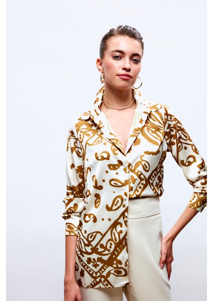 Desenli Salaş Saten Gömlek - Camel