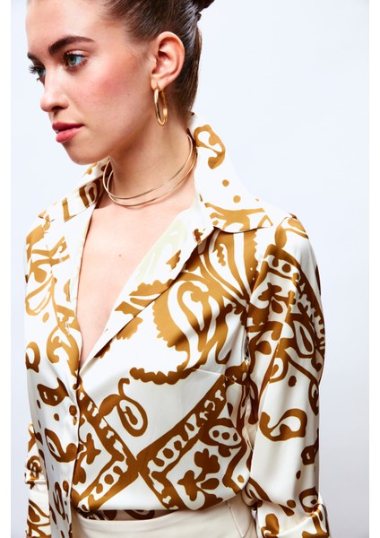 Desenli Salaş Saten Gömlek - Camel fırsatları