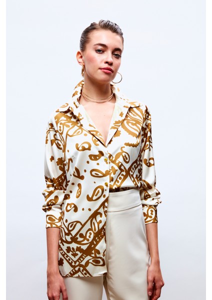 Desenli Salaş Saten Gömlek - Camel fiyatları