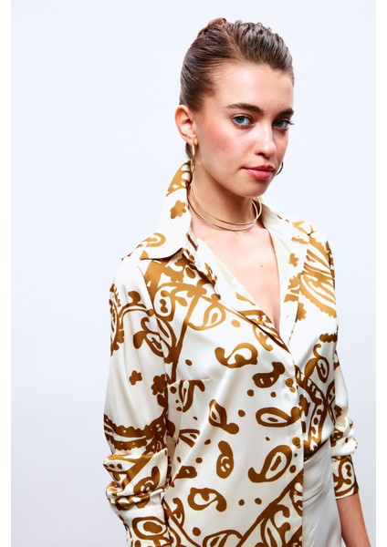 Desenli Salaş Saten Gömlek - Camel modelleri