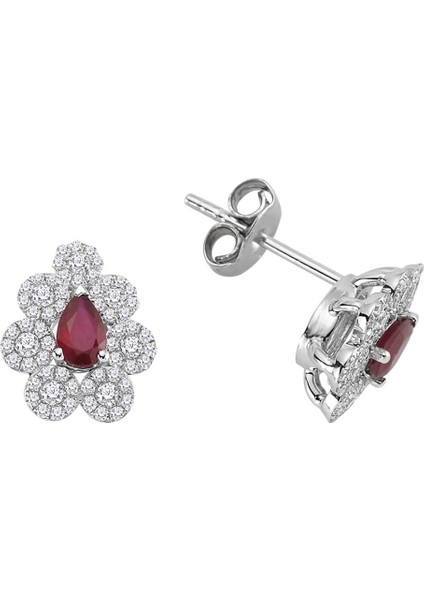 Çiçek Motifli Pırlanta ve Damla Yakut Taşlı Küpe 0404E0071