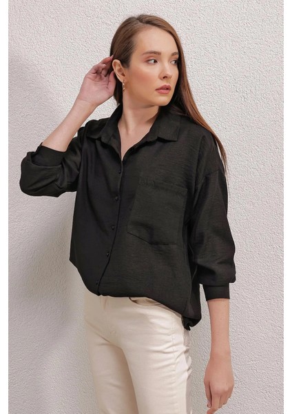 Kadın Siyah Tek Cepli Oversize Ayrobin Gömlek HZL23S-BD1201531 modelleri