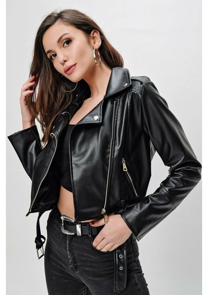 Kadın Siyah Biker Deri Ceket HZL22W-BD110291