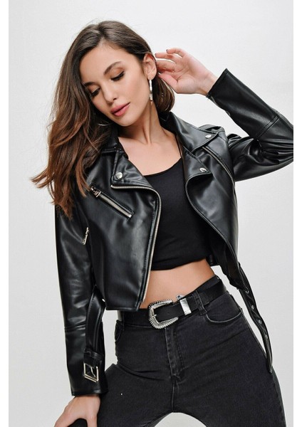 Kadın Siyah Biker Deri Ceket HZL22W-BD110291 fiyatları