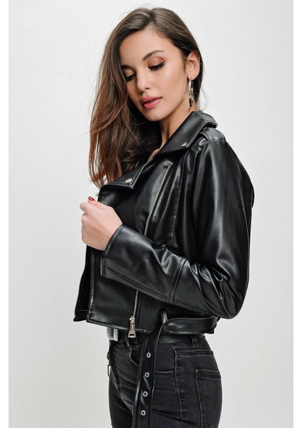 Kadın Siyah Biker Deri Ceket HZL22W-BD110291 modelleri