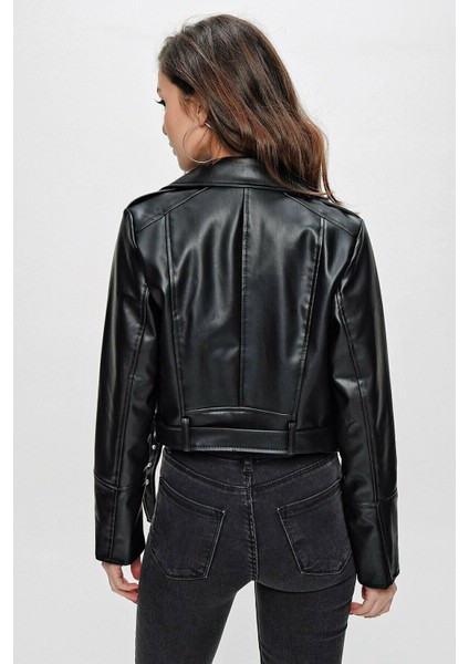 Kadın Siyah Biker Deri Ceket HZL22W-BD110291 fırsatları