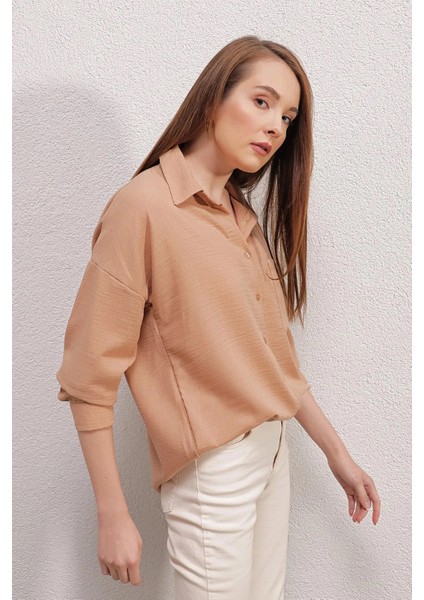 Kadın Bisküvi Tek Cepli Oversize Ayrobin Gömlek HZL23S-BD1201531