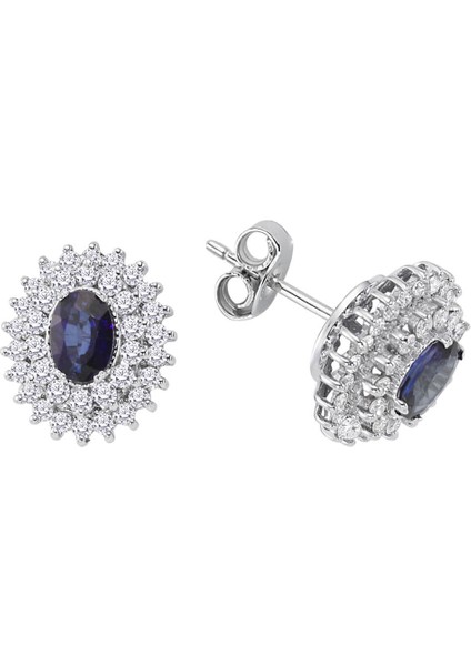 Çift Sıra Pırlanta ve Oval Safir Taşlı Anturaj Küpe 0404E0081