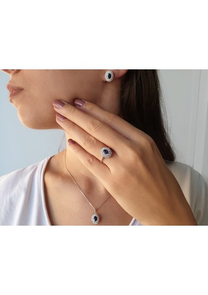 Çift Sıra Pırlanta ve Oval Safir Taşlı Anturaj Küpe 0404E0081 modelleri