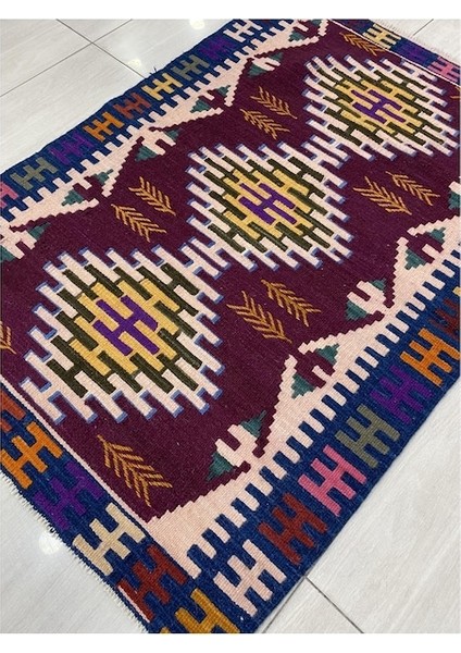 El Dokuma Sıfır Kilim 97X140 Bordo %100 Yün Saçaklı Kilim !