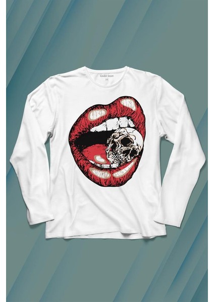 Skull Kuru Kafa Wampir Dudak Kadın Dudağı Uzun Kollu Tişört