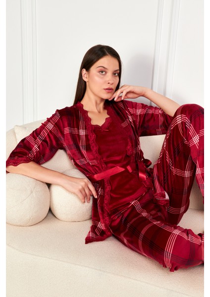Bordo Ekose Soft Kadife Truvakar Kol Ip Askılı Pantolon 3lü Pijama Takım