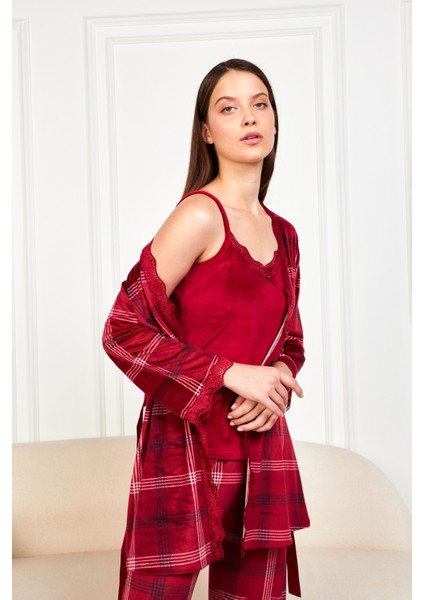 Bordo Ekose Soft Kadife Truvakar Kol Ip Askılı Pantolon 3lü Pijama Takım fiyatları