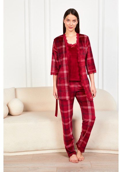 Bordo Ekose Soft Kadife Truvakar Kol Ip Askılı Pantolon 3lü Pijama Takım modelleri